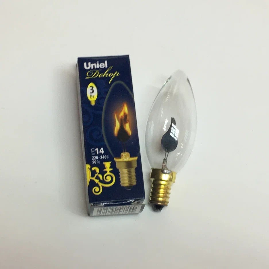 Лампа накал. Uniel свеча декор. "Эффект пламени" E14 3W прозр.