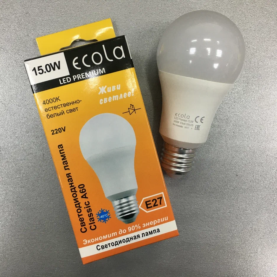 Лампа св/д Ecola ЛОН А60 Е27 9.2W 4000К