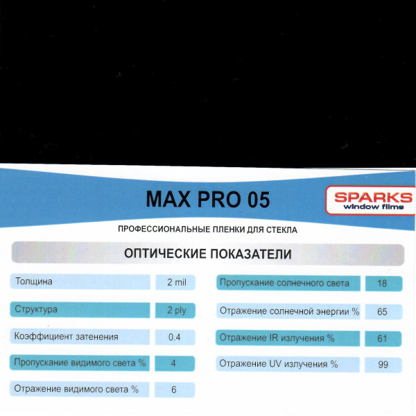 Тонировочная, Sparks MAX PRO 05 автомобильная пленка (1,524*30м.) Тонировочная, Sparks MAX PRO 05 автомобильная пленка (1,524*30м.)